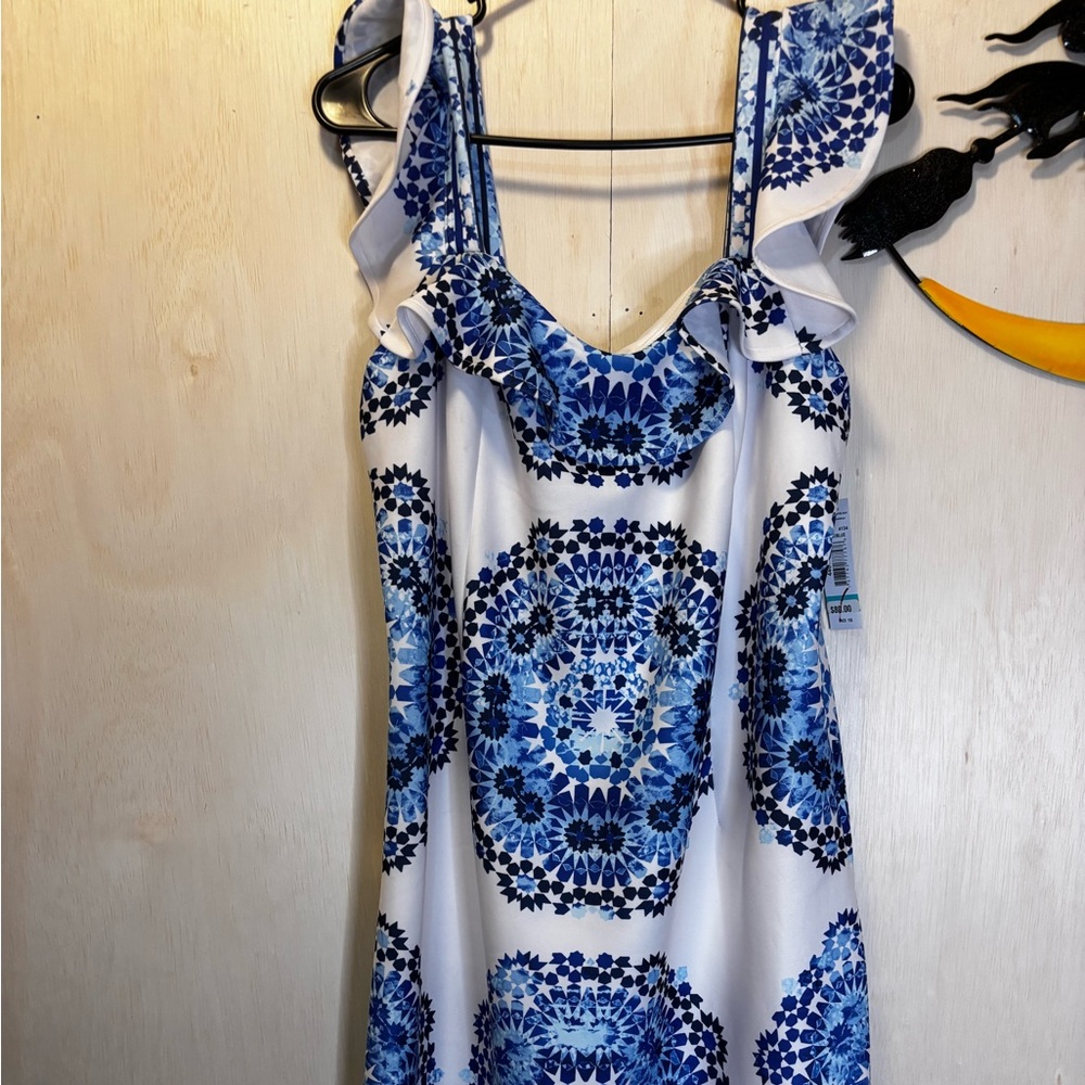 R&M Richards Geometric Blue and White Dress